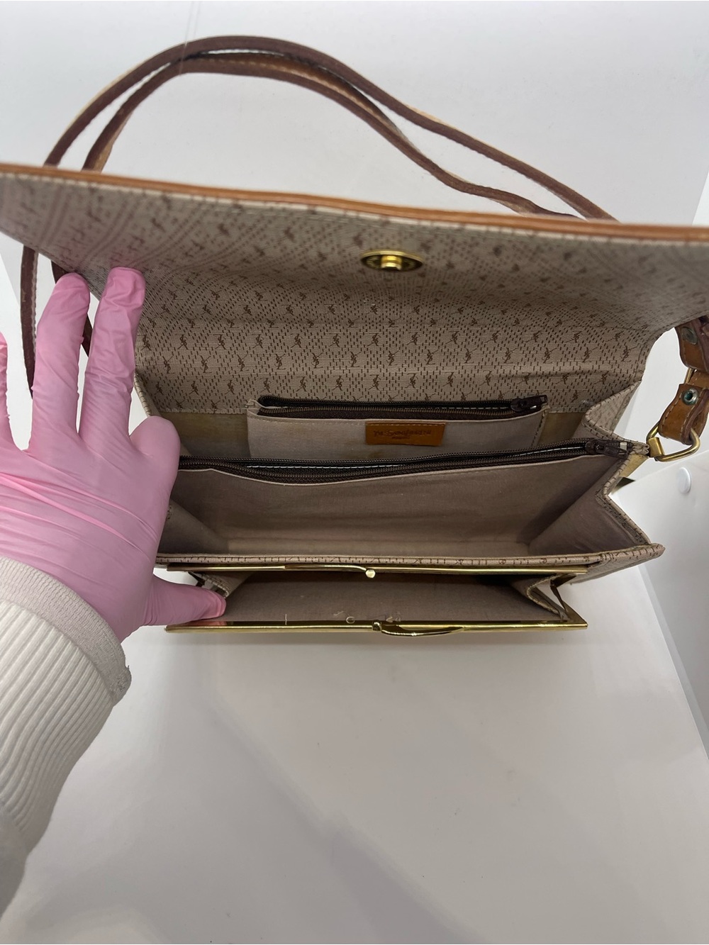 Yves Saint Laurent Beige and Brown Shoulder Bag with Monogram Trim - Picture 8 of 16